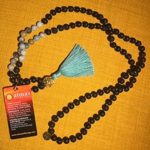 Lava, Amazonite & Gold Rudraksha Mala with Charm